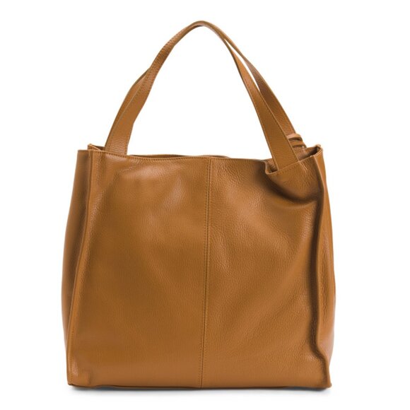 VIOLA CASTELLANI Camel Made In Italy Leather Large Smooth Square Tote